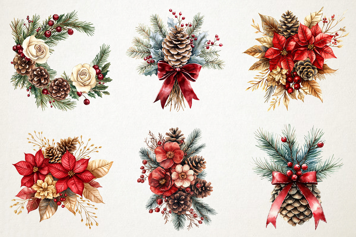 Festive Florals & Pinecones Clipart, an Illustration by RobertsArt (Photo 4 of 6)