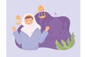 cute muslim woman and mosque, a Person Illustration by studiogstock