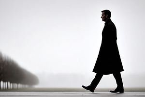 Man in a long coat walking alone in, a Person Photo by MistyDay