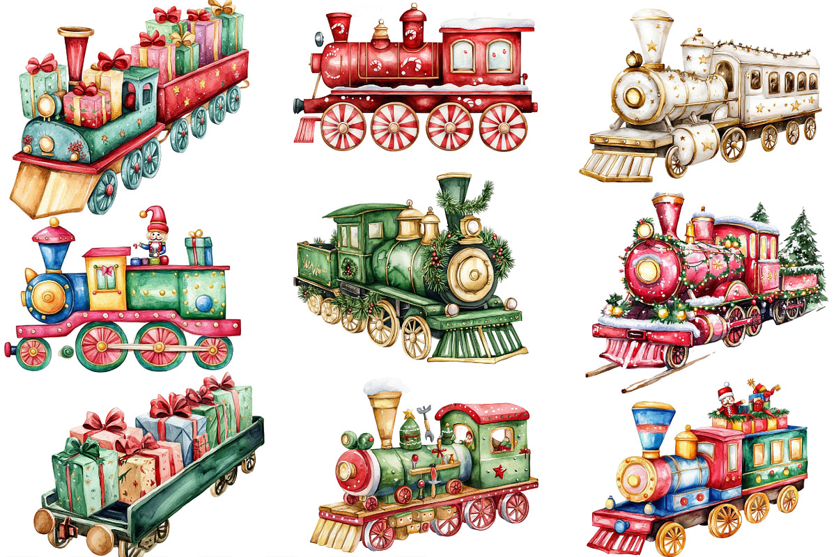Watercolor Christmas Train Clipart, an Illustration by Designking (Photo 3 of 4)