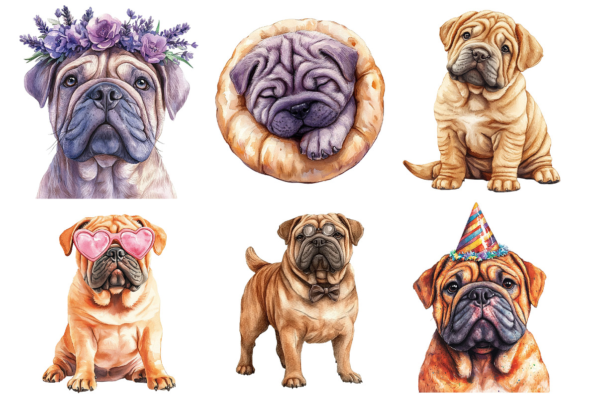 Shar-Pei Dog Watercolor Clipart, an Illustration by SinaCreation (Photo 2 of 5)