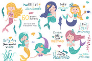 Mermaid Clipart & Pattern, a Wallpaper Graphic by Nafanya (Thumbnail 3 of 9)