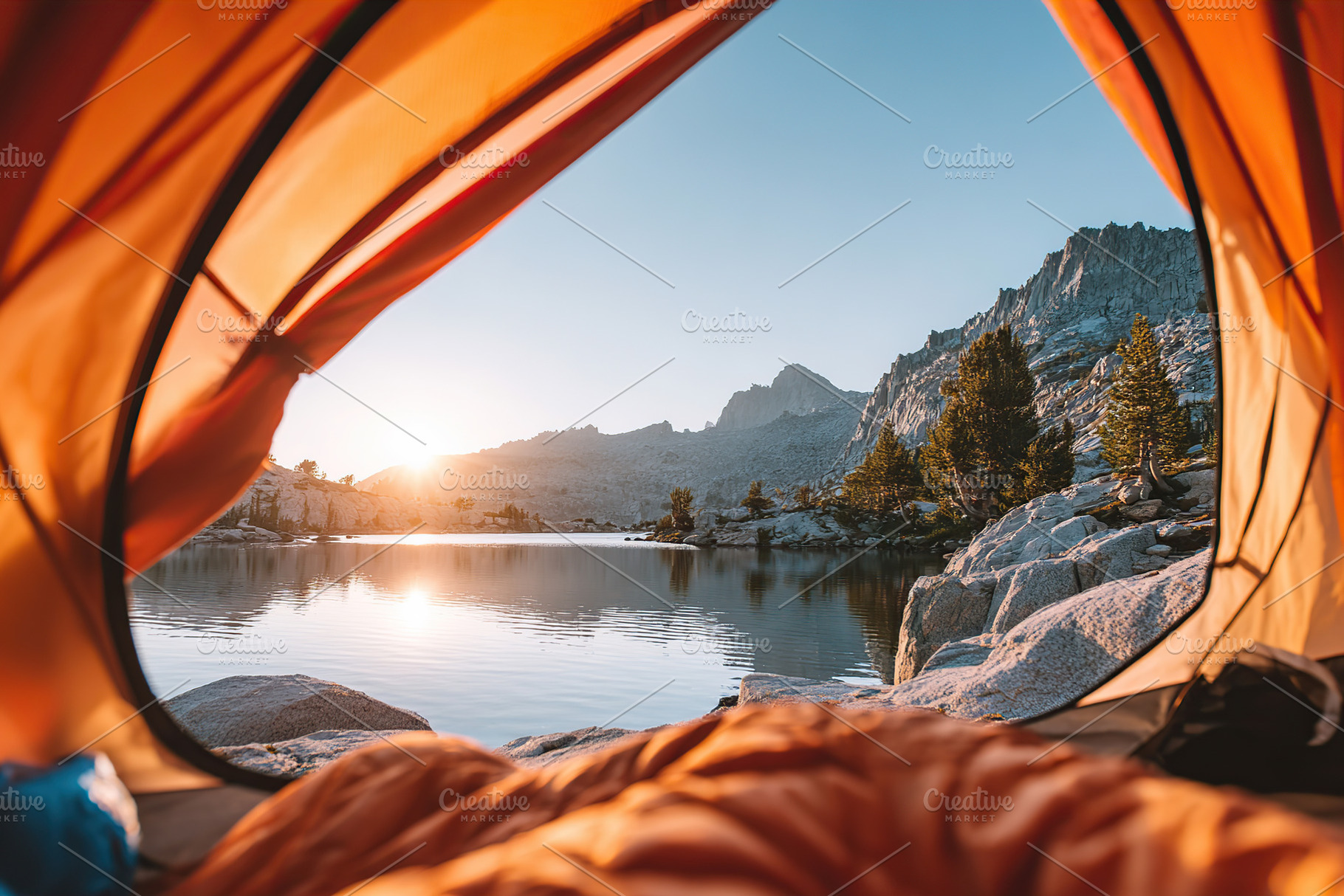 Opening tent door reveals tranquil lake and mountains at sunrise, a Photo by AlyaAnd