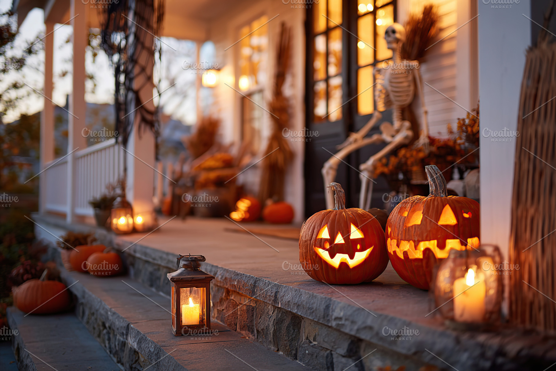 Halloween decorations create a cozy atmosphere on a front porch during twilight, a Photo by AlyaAnd