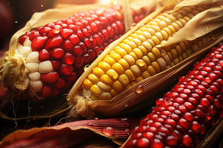 Red and yellow corn on a black backg, a Photo by Iftikhar Alam