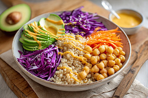 Vibrant vegan bowl with quinoa, avocado, purple cabbage, and chickpeas for a he, a Food & Drink Photo by AlyaAnd