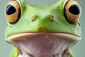Vivid close-up of a green tree frog against a neutral background, an Animal Photo by Ales Munt