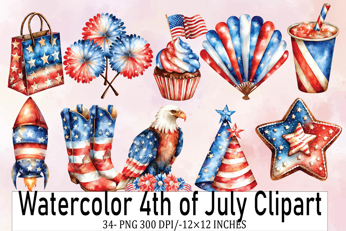 Watercolor 4th of July Clipart Bundl, an Illustration by SVGArt (Photo 1 of 9)