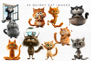 Quirky Cat Clipart, Vol 1, 52 PNG