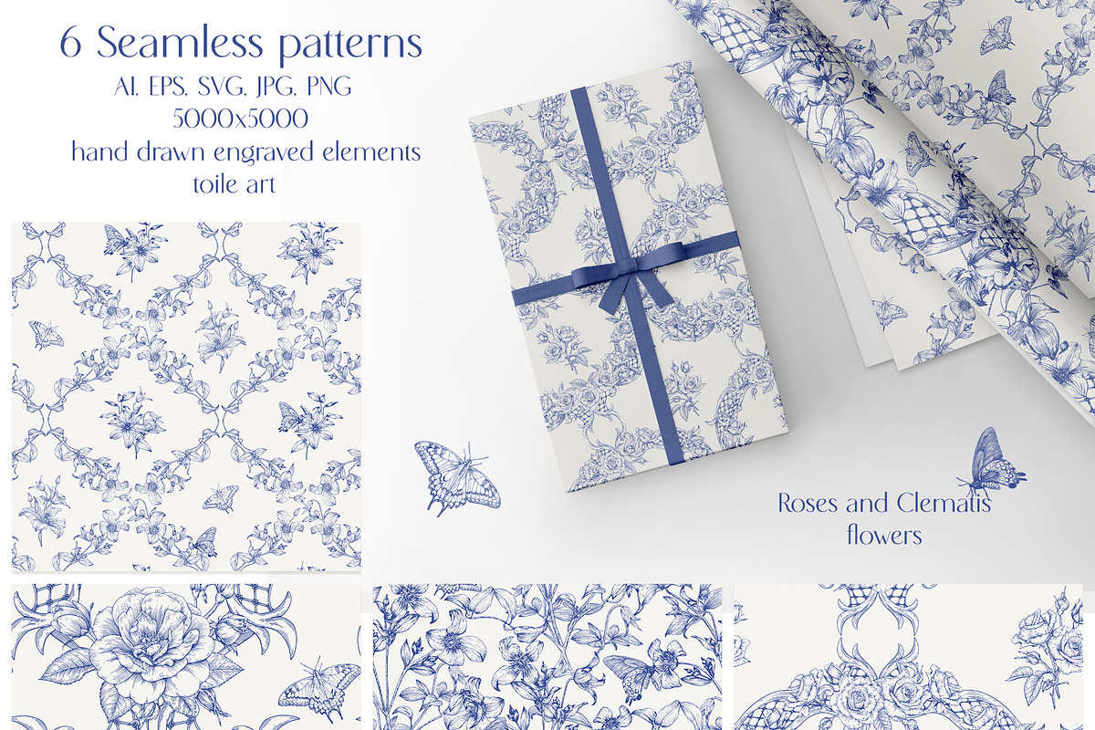 Vintage Seamless Patterns Toile Blue, a Pattern Graphic by ON_lineart_store (Photo 2 of 10)