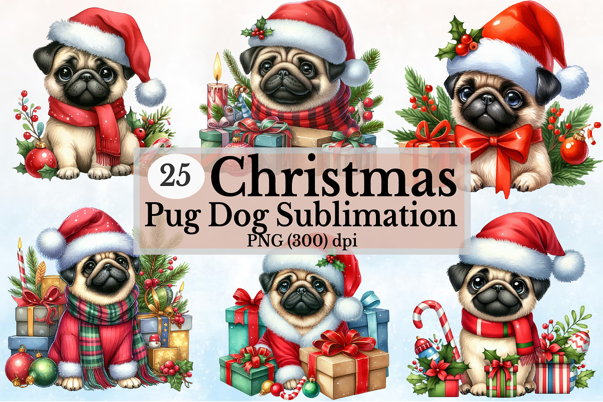 Christmas Pug Dog Clipart Bundle, a Seasonal Illustration by Rose Art (Photo 1 of 5)