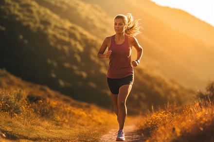 Close-up shot of female athlete running at sunset in national pa, a Sports & Recreation Photo by designvectx
