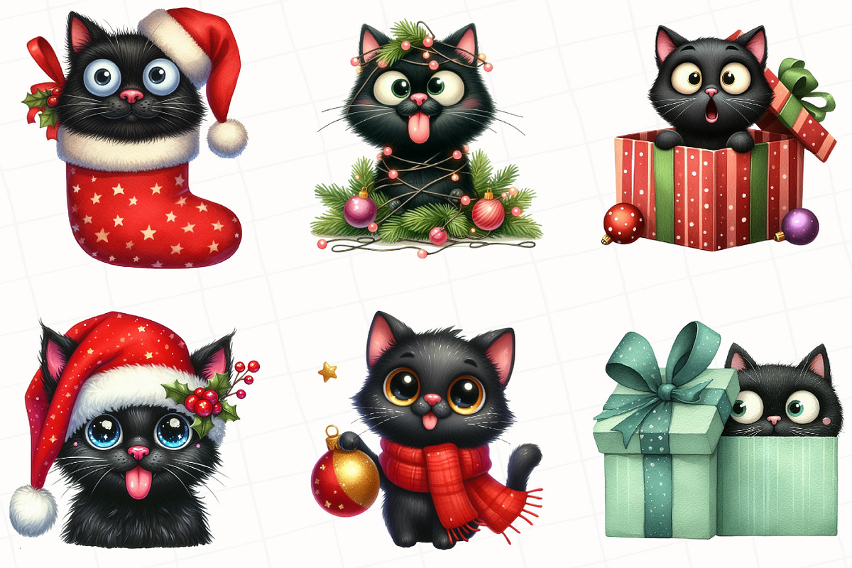Christmas Funny Black Cat Clipart, an Illustration by OK Design (Photo 5 of 5)