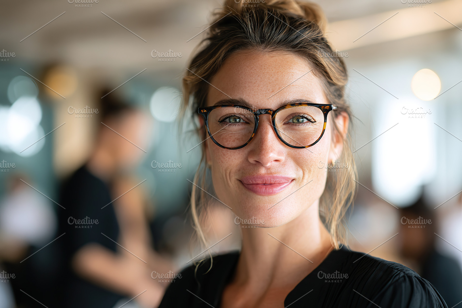 Stylish woman with minimal makeup smiles warmly in a trendy cafe setting during, a Person Photo by AlyaAnd