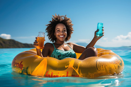 Young african american woman with cocktail and inflatable ring i, a Person Photo by AS photostudio
