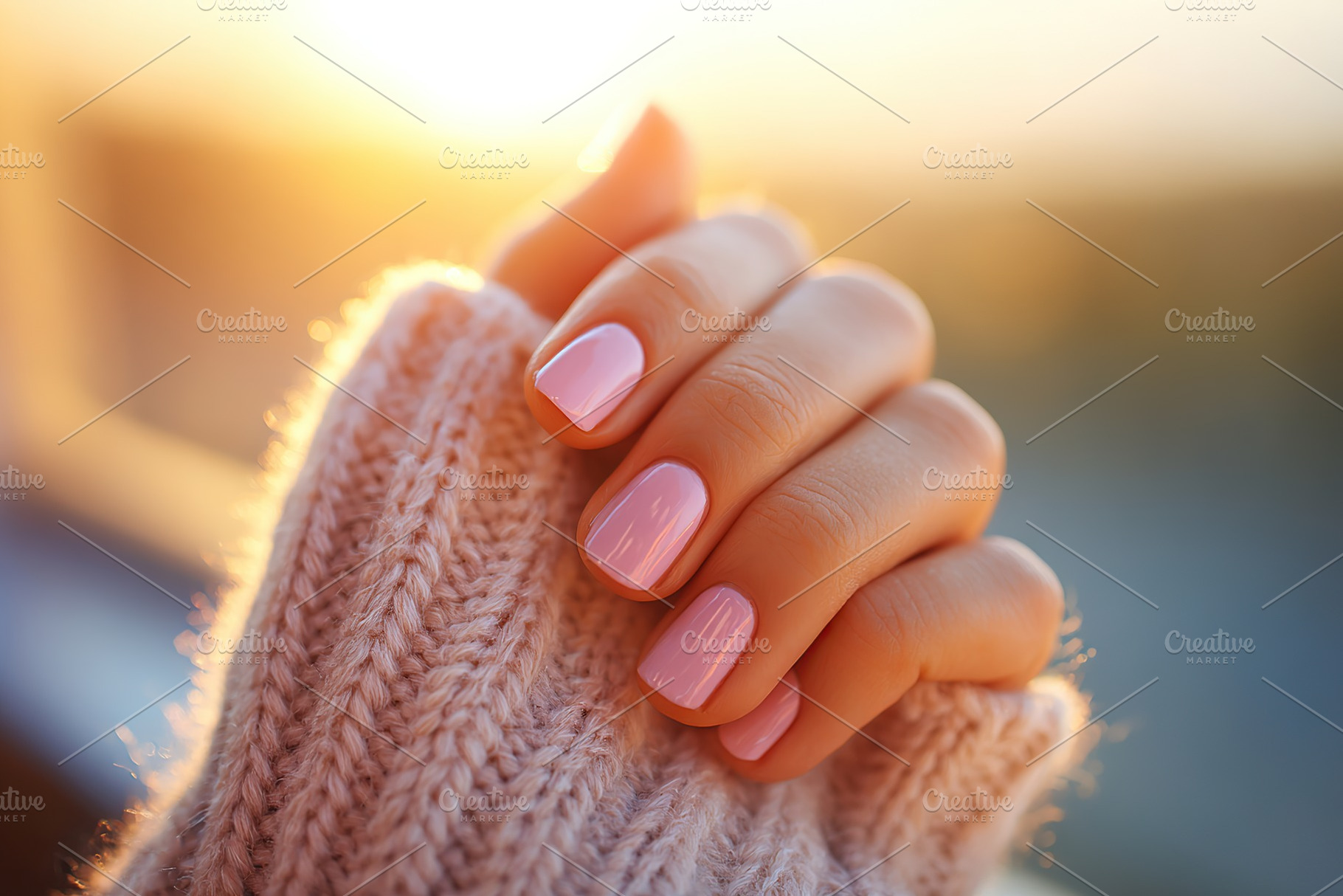Female hand with pink nails resting in a cozy sweater against a golden sunset b, a Beauty & Fashion Photo by AlyaAnd