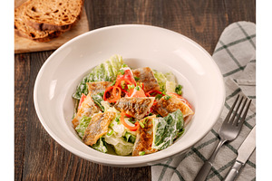 Delicious salad with fried baked, a Food & Drink Photo by Fascinadora