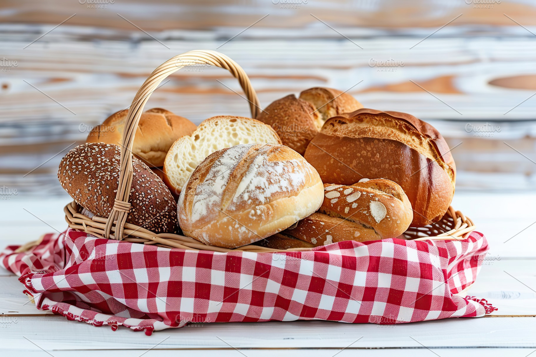 Freshly different baked bread in basket on wooden table, a Food & Drink Photo by AlyaAnd