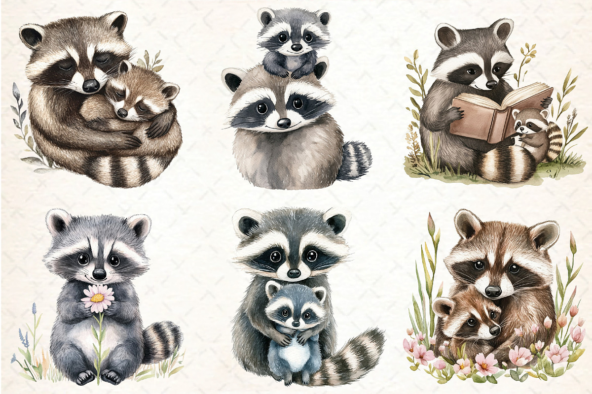 Watercolor Raccoon & Kit Clipart, an Illustration by DreamCafeArt (Photo 3 of 9)