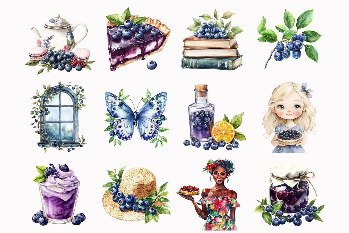 Watercolor Blueberry Garden Clipart, an Illustration by Design Market (Photo 3 of 3)