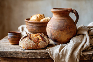 Life with clay jug and fresh bread on rustic wooden table in traditional settin, a Food & Drink Photo by AlyaAnd