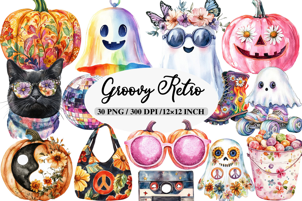 Watercolor Groovy Retro Halloween, an Illustration by Daily.Designs (Photo 1 of 5)