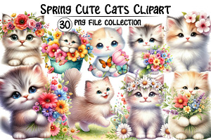 Watercolor Spring Cute Cat Clipart, an Illustration by Dream Creation