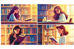 Woman read. Cartoon girl hold public, an Education Illustration by Stock-Smart-Start