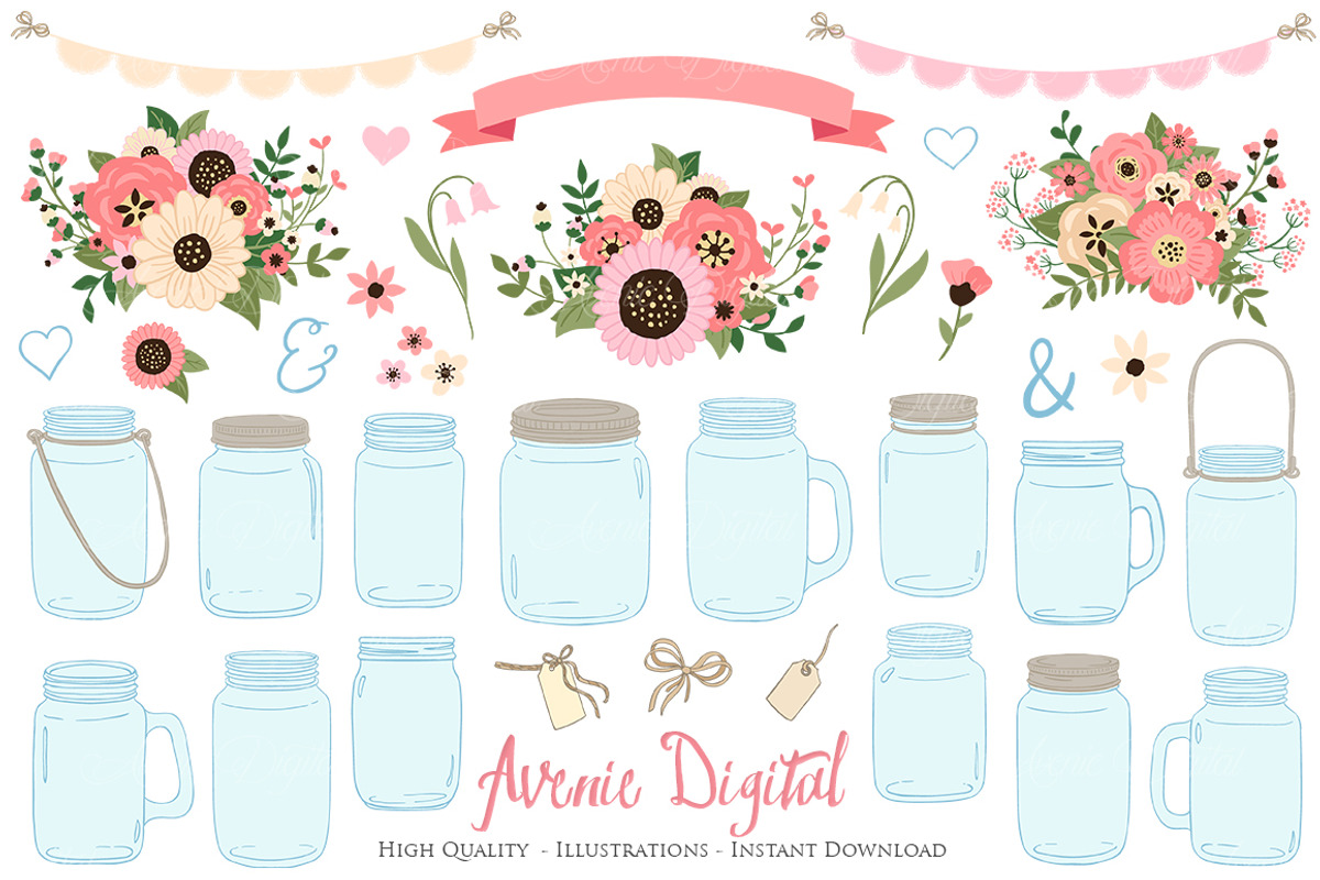 Soft Pink Wedding Mason Jar Cliparts, an Illustration by Avenie Digital (Photo 1 of 2)