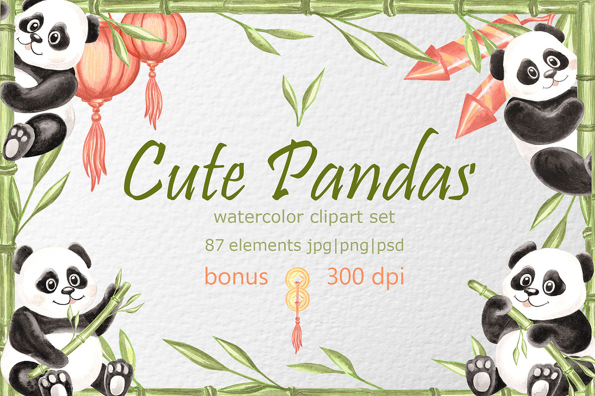 Cute pandas watercolor clipart set, an Animal Illustration by susie-p-art (Photo 1 of 14)