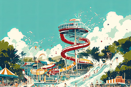 Vibrant Waterpark Scene with Families Enjoying the Summer Fun, an Illustration by AS photostudio