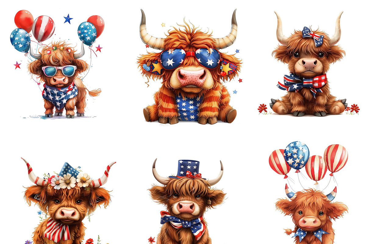 Patriotic Highland Cow Clipart, an Animal Illustration by Design Scotch (Photo 3 of 7)