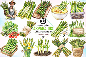 Watercolor Asparagus Clipart Bundle, a Food Illustration by Canvas Craft