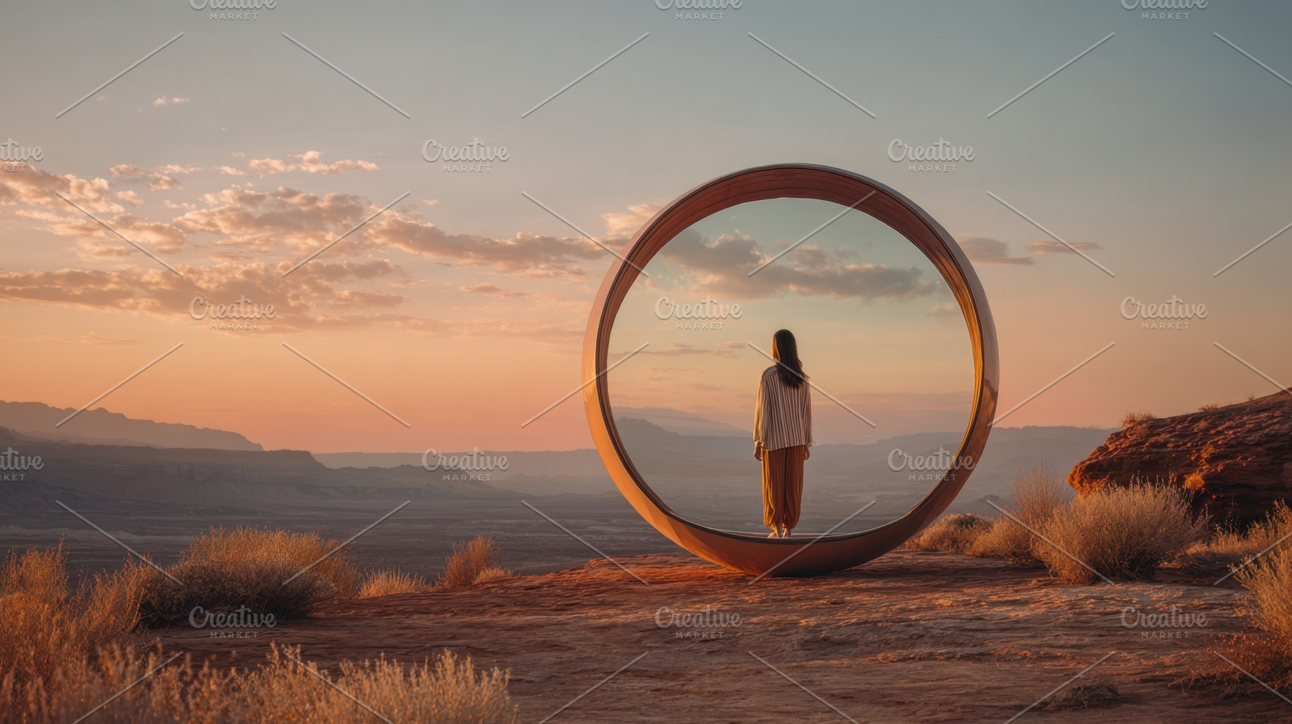 Woman views sunset in a frame, a Photo by Beautiful things