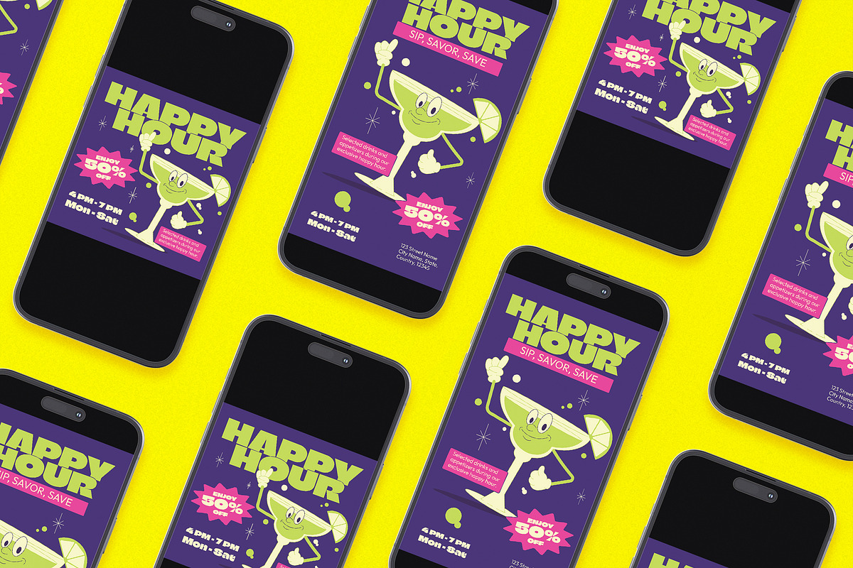 Retro Happy Hour Flyer Set, a Flyer Template by Aiyari Graphic (Photo 2 of 3)
