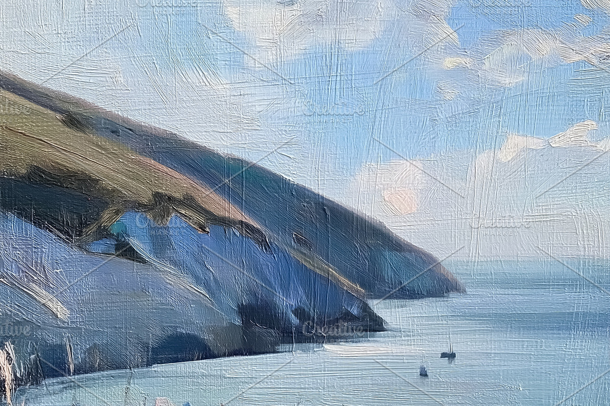 Coastal landscape painting displaying vibrant pink flowers on a, a Decorative Illustration by Studio ANNA