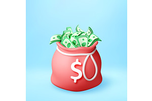 3D Red money bag filled with cash, a Finance Illustration by Abscent