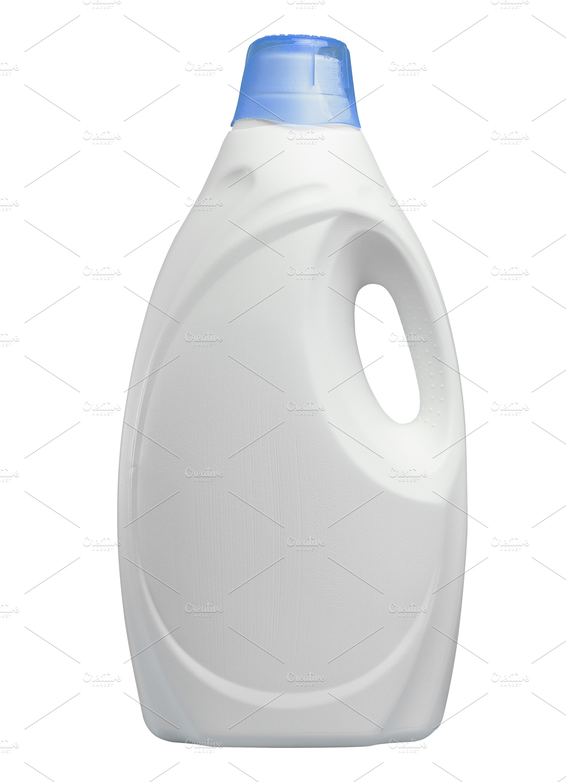 White plastic bottle for cleaning product with blue cap on isola, an Industrial Photo by ndanko