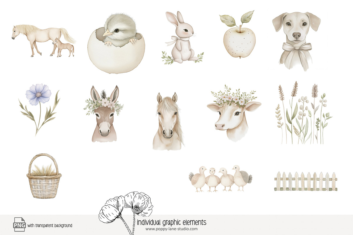85 pastel farm animals clip art, an Animal Illustration by Poppy Lane Studio (Photo 8 of 11)