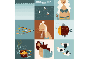 Set Of Cartoon Beautiful Mermaids