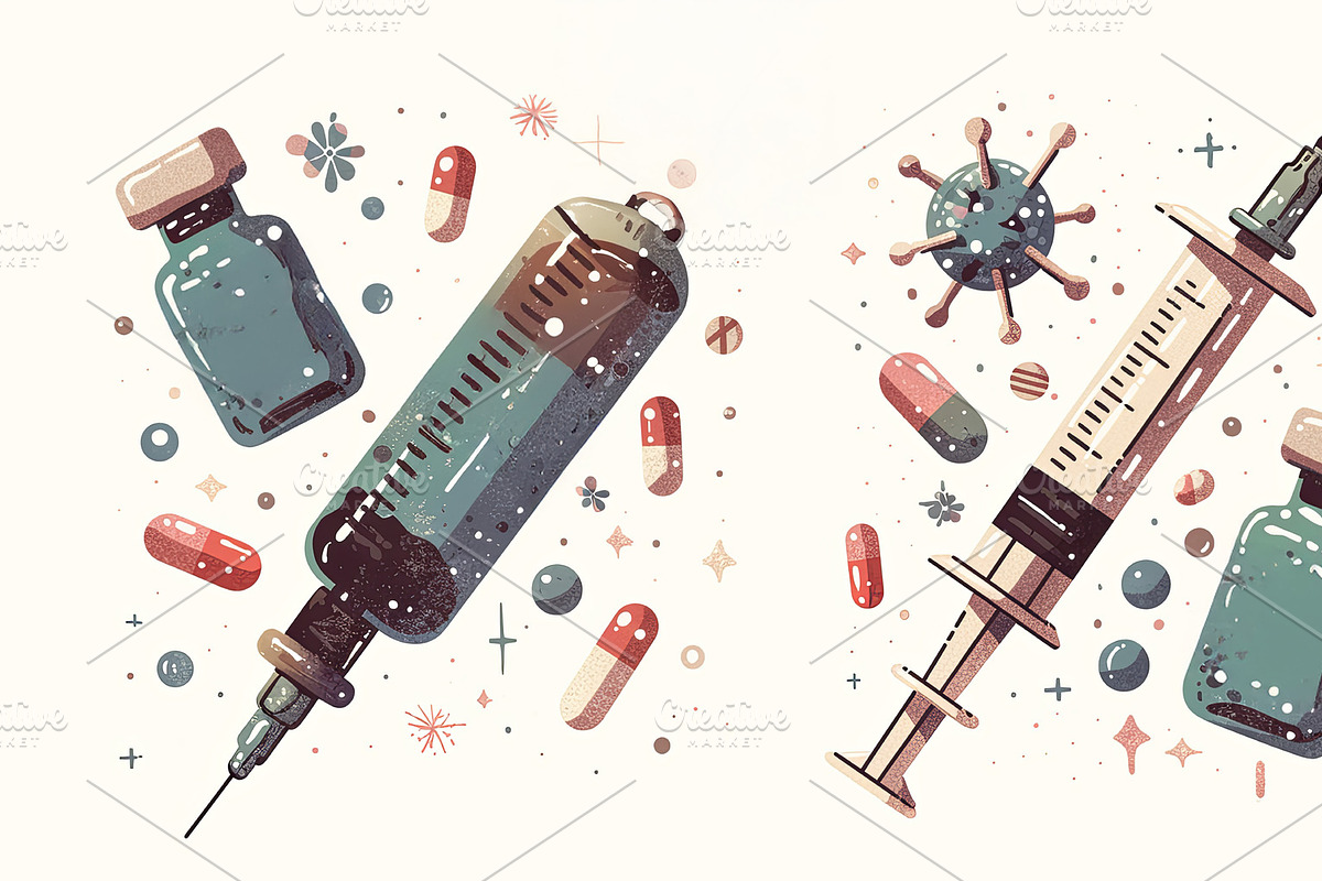 Illustration depicting syringes, vials, and medical capsules with a virus theme, an Illustration by AS photostudio