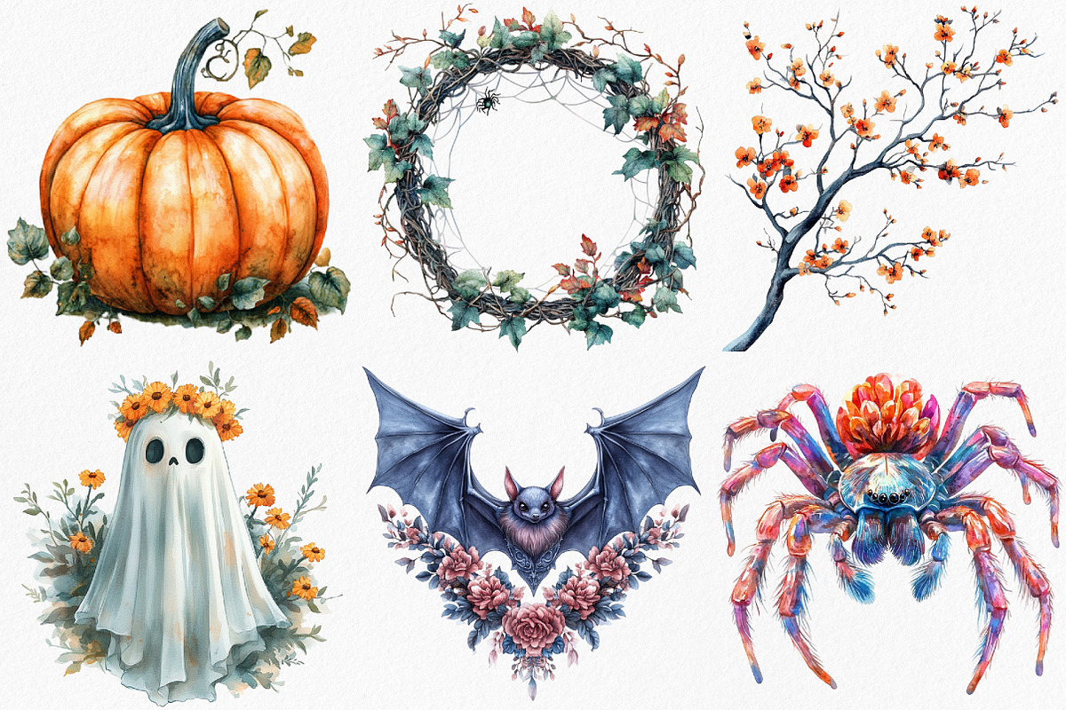 Watercolor Floral Halloween Clipart, an Illustration by Canvas Craft (Photo 2 of 7)