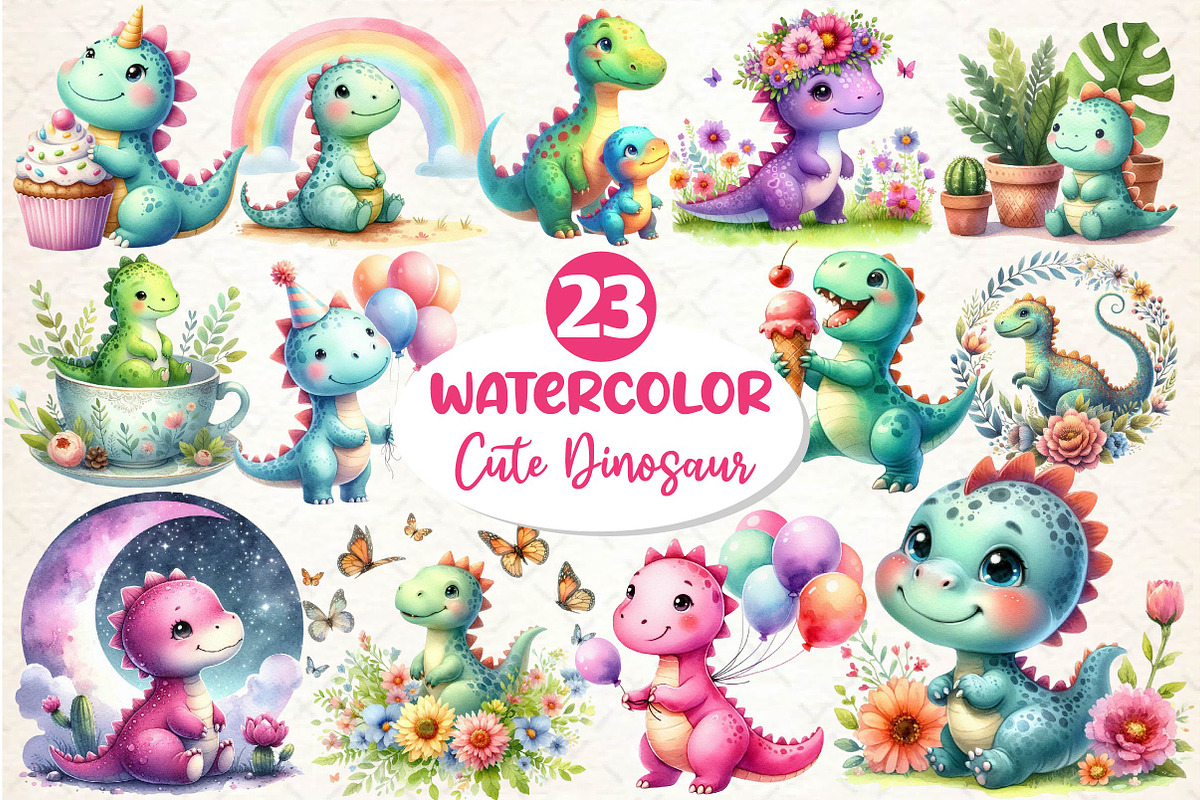 Cute Dinosaur Clipart, an Illustration by Dream Creation (Photo 1 of 5)
