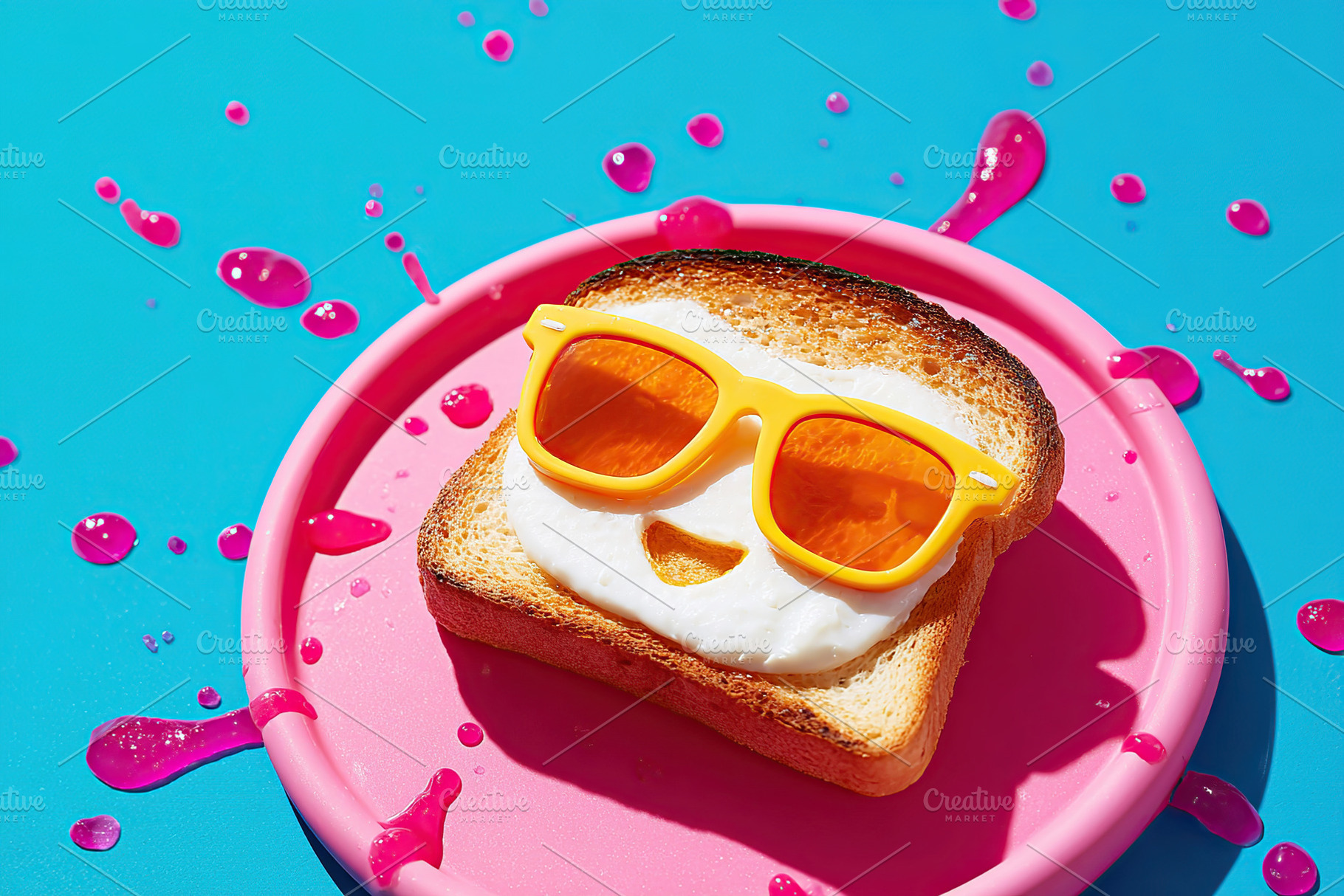 Toast with sunglasses emoji and playful face on a bright pink plate against a b, a Food & Drink Photo by AlyaAnd