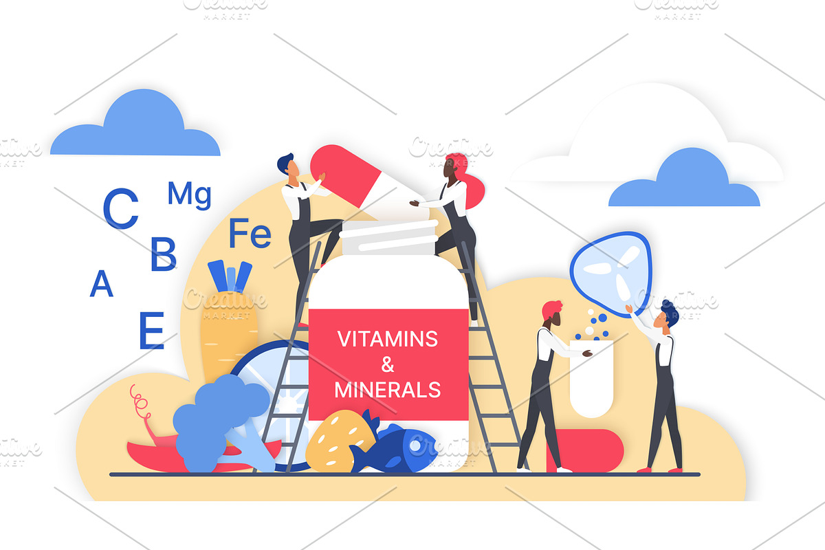 People Adding Vitamins and Minerals, an Object Illustration by Lemberg Vector