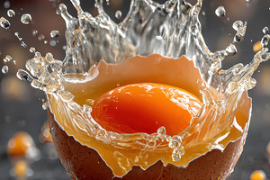 Egg yolk splash in cracked eggshell, a Photo by Pixeness Studio