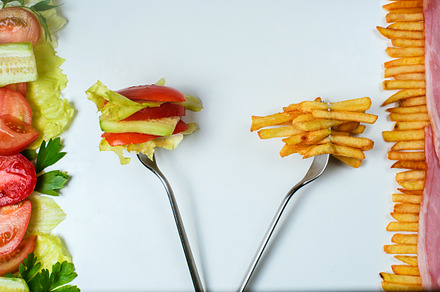 Healthy or junk food choice containing diet, dieting, and food