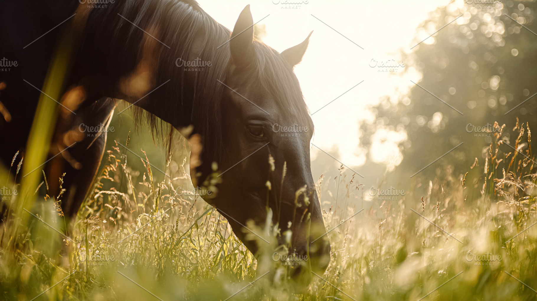 Dark horse grazing in a lush green meadow during a peaceful gold, a Photo by Studio ANNA
