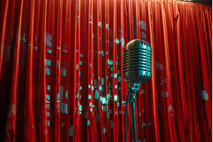 Vintage microphone on stage with red, an Arts & Entertainment Photo by Ylivdesign