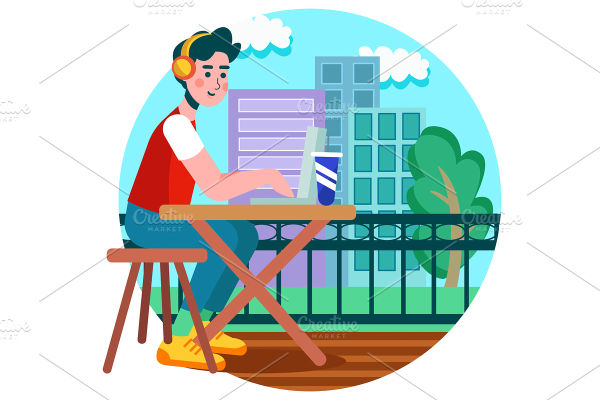 Man work on laptop in cafe vector, a Person Illustration by vectorpointstudio
